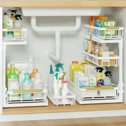 Under Sink Organizer and Storage 3 Tier Cabinet Pull Out Shelf Organizers | 2 Pack 3 Tier under sink storage for Bathroom and Kitchen Slide Out Drawer Organization for Home Cabinets Shelves and Drawers by Aekenr