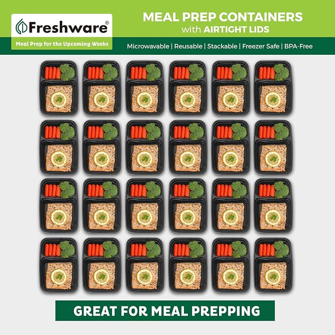 Freshware Meal Prep Containers with Lids 28 oz [15 Pack] 2-Compartment Food Storage Containers, Bento Box Lunch Containers, BPA Free, Airtight, Stackable, Reusable, Microwave/Dishwasher/Freezer Safe - Image 3