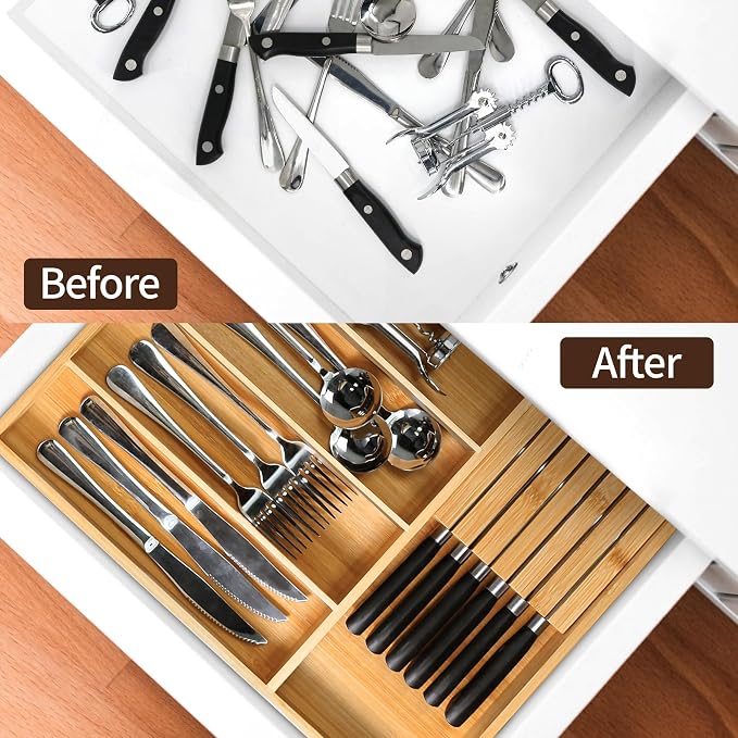 VaeFae Bamboo Silverware Drawer Organizer, 5 Slots, Natural | Wooden Cutlery Tray with Divider for Kitchen, Flatware Storage,43 cm D x 32 cm W, 5 Slots, Natural - Image 7