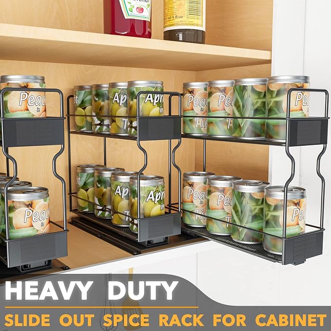 SpaceAid Pull Out Spice Rack Organizer for Cabinet, Heavy Duty Slide Out Seasoning Kitchen Organizer, Cabinet Organizer, with Labels, 7.7" W x10.75 D x10 H, 2 Drawers 2-Tier - Image 3