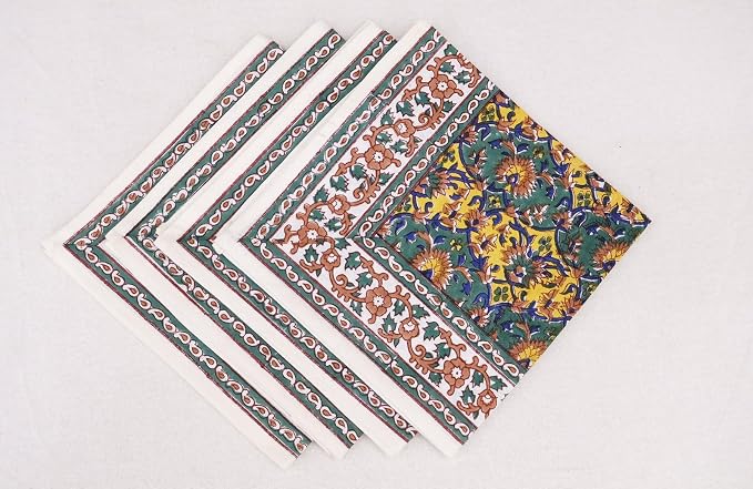20x20 Inches Cotton Napkins Set of 4, Yellow Green, Washable Hand Block Printed Reusable Cloth Napkins for Dinning, Party, Wedding, Home Decor Fall - Image 9