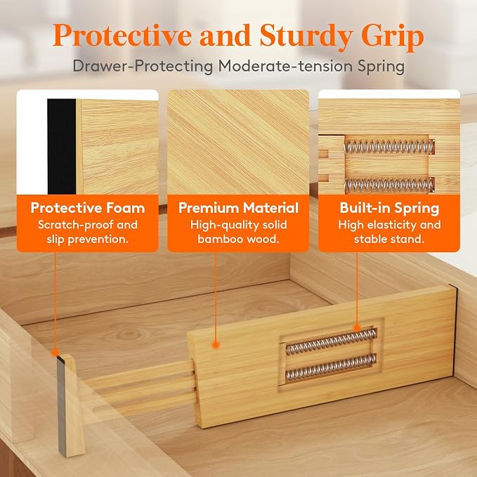 Lifewit 4" High 4 Pack Bamboo Drawer Dividers 31-40cm/12-16 Adjustable Wooden Drawer Organizer for Clothes/Utensils, Expandable Drawer Separator for Dresser/Kitchen/Bedroom/Office Organization - Image 3