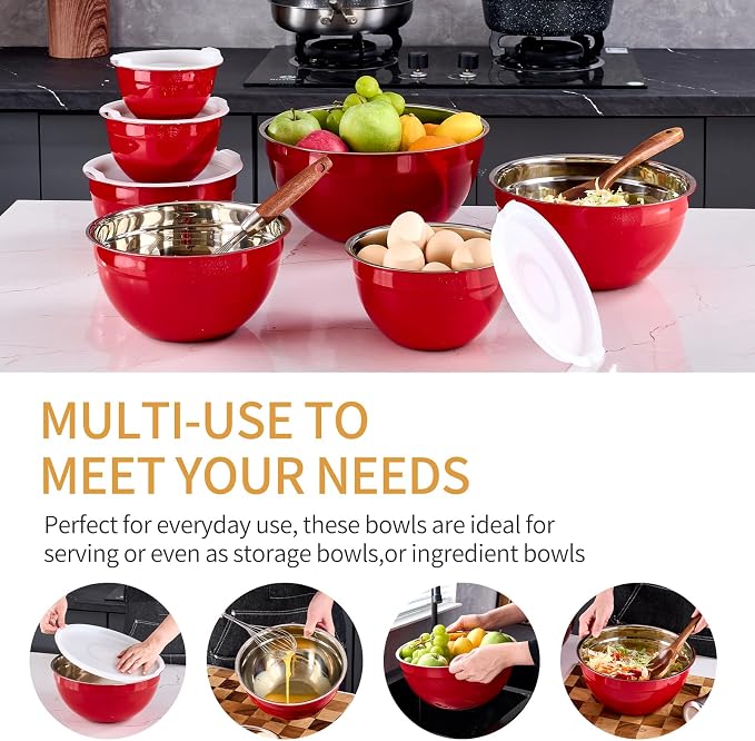 Red Mixing Bowls With Airtight Lids,Stainless Steel Bowl,Salad Bowls 7 Piece Colorful Nesting Bowl Red Kitchen Accessories,Size 7,3.6,2.7,2.1,1.5,1.1,0.8QT Stackable Design - Image 5