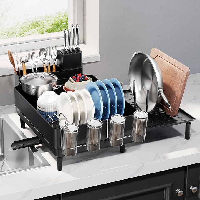 Urackify Expandable Dish Drying Rack, Stainless Steel, Large Capacity | Multifunctional Drainboard for Kitchen Countertop, Removable Cutlery Tray, Foldable Cup Holder, 20.4"L x 20"W, Black by Urackify