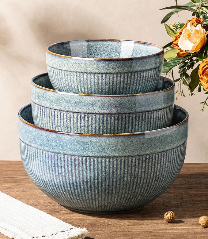 GBhome Ceramic Mixing Bowls Set of 3, Stoneware Nesting Serving Bowls, | 45/90/150 oz For Prep, Baking, Serving, Gift, Microwave and Dishwasher Safe, Ribbed Dishware Collection,Ceylon Blue by GBhome