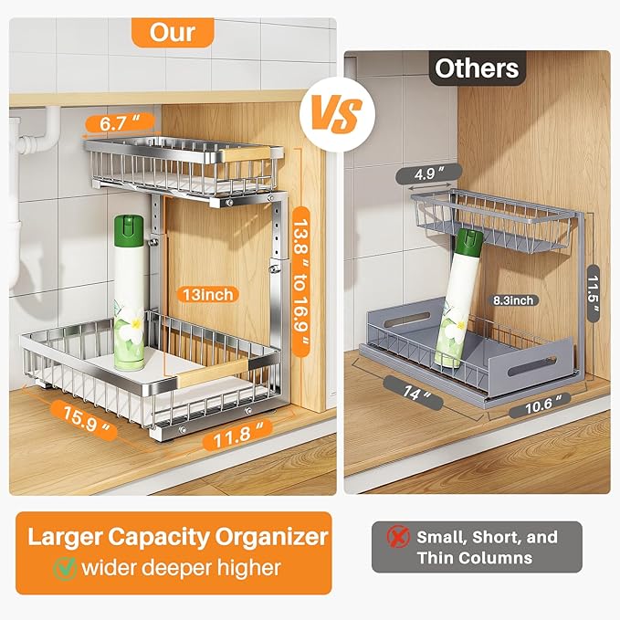PXRACK Under Sink Organizer, Adjustable Height, 2 Tier Pull Out Cabinet Organizer, Slide Out Thickened Metal Storage for Kitchen Bathroom Laundry Pantry Cabinet, Stainless Steel, Silver, Large-2-Pack - Image 2