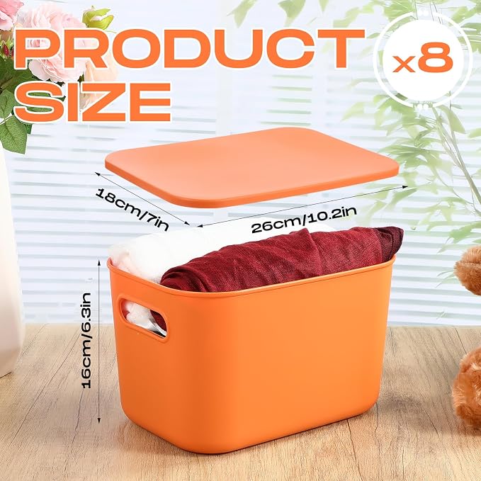 8 Pieces Colorful Storage Bins with Lid, Plastic Storage Basket Organizing Container Stackable Box with Handle for Shelves Desktop Playroom Office(10.2 x 7 x 6.3 Inch,Blue and Orange) - Image 2