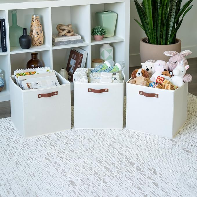 OrganiHaus 13x13 Cube Storage Bins, Set of 4 - Fabric Storage Cubes | Sturdy, holds its shape; odor-free; fits IKEA Kallax and Expedit; vegan leather handles - Image 4