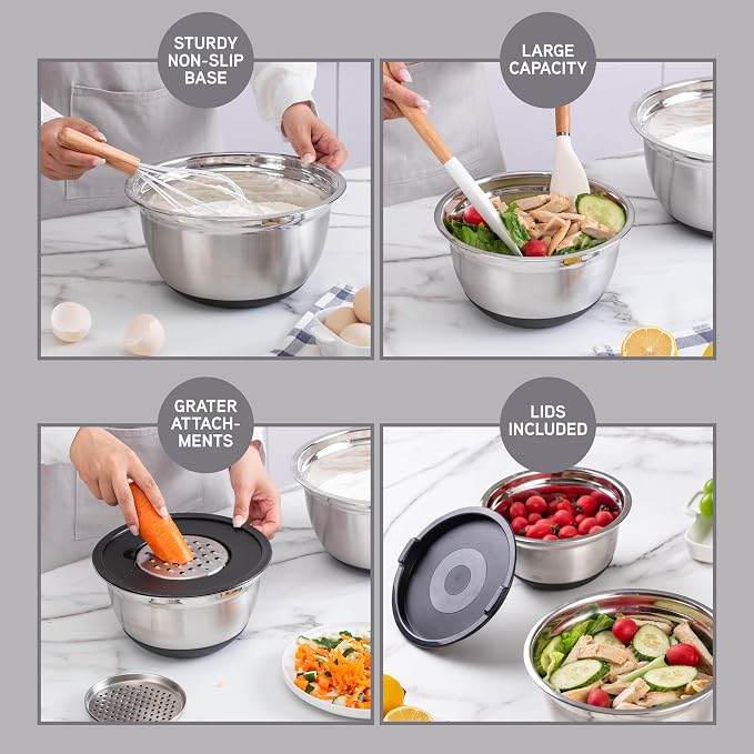 COOK WITH COLOR Stainless Steel Mixing Bowls Set with Lids - Nesting Bowls with Non-Slip Bottom, Silver, 14 Pieces - Image 2