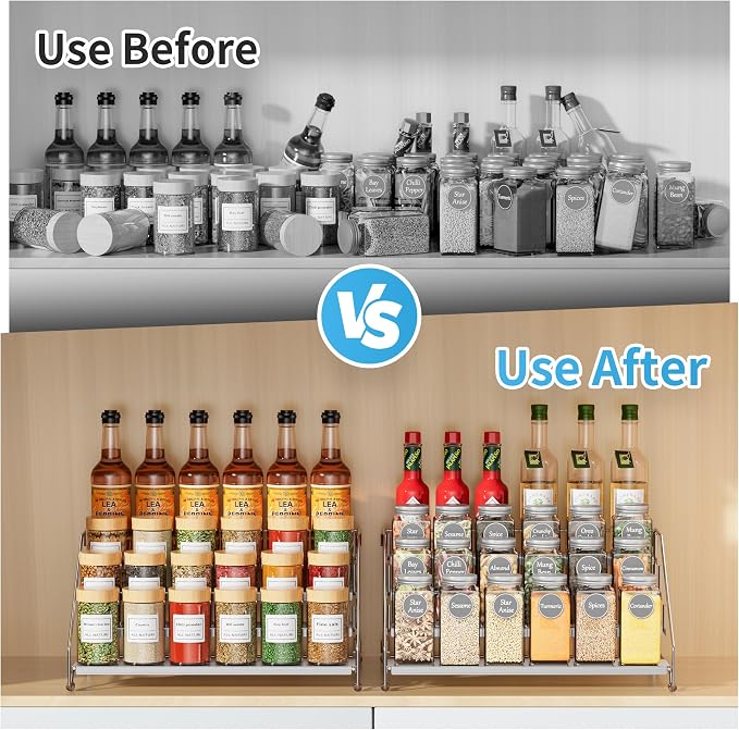 BOIVSHI Spice Organization for Cabinet, Adjustable Depth Spice Shelf | 4 Tiered Spice Rack for Cabinet, Metal Space Saving Spice Organizer for Countertop, Easy Access Spices - Chrome, 2 Pack - Image 5