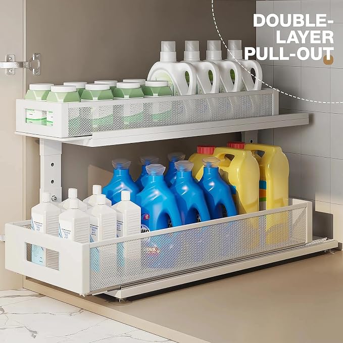 2 Pack 21.3IN-Depth Under Sink Organizer With Next-Gen Ball-Bearing Slides,2-Tier Pull Out Cabinet Storage,Height Adjustable Drawer Shelf for Bathroom,Kitchen,Laundry,Cabinet,Pantry-White - Image 4