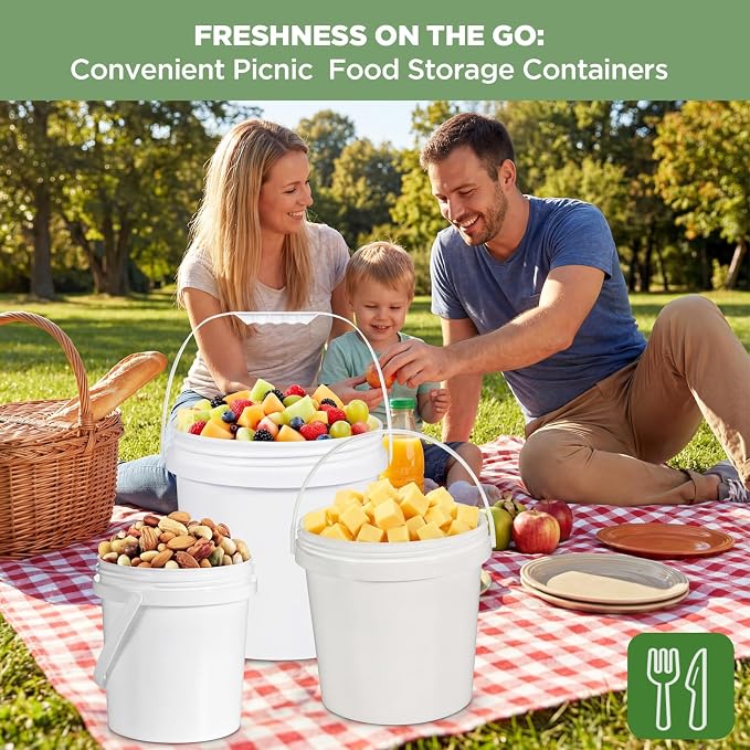 4 Pack 64oz Plastic Buckets with Screw Lids & Handle, Food Grade Storage Containers for Kitchen, Freezer - Reusable White Plastic Bucket Set - Image 5