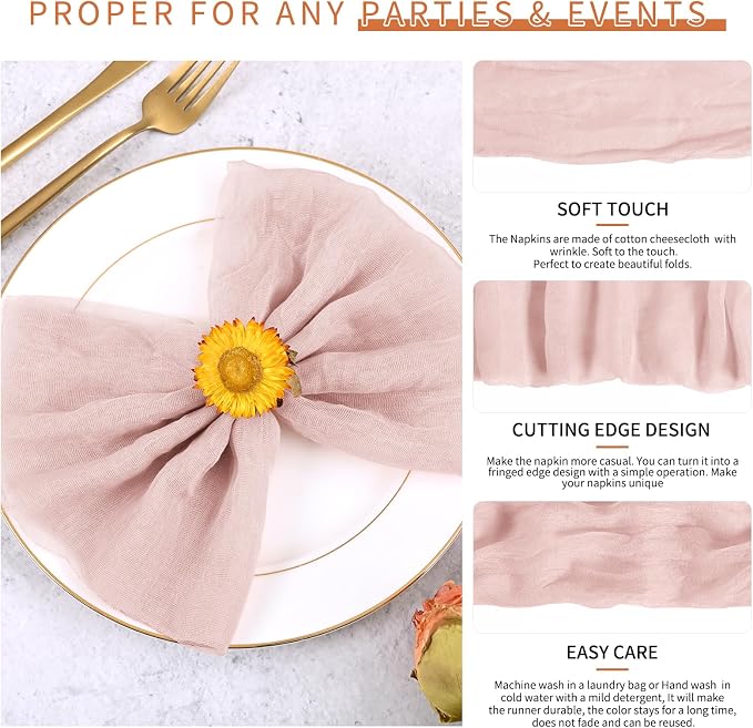 100 Pieces Cloth Napkins Pink Dinner Cheesecloth Napkins for Wedding,Wrinkled Cloth Napkins Bulk for Home Party Rustic Table Decoration, 17 x 17 Inch - Image 3