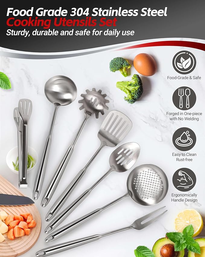 304 Stainless Steel Kitchen Utensils Set, 18PCS All Metal Cooking Tools Set with Whisk, Masher, Tongs, Ladle, Turner, Skimmer & Serving Spoons, Heavy Duty Dishwasher Safe Kitchen Gadget Set - Image 4