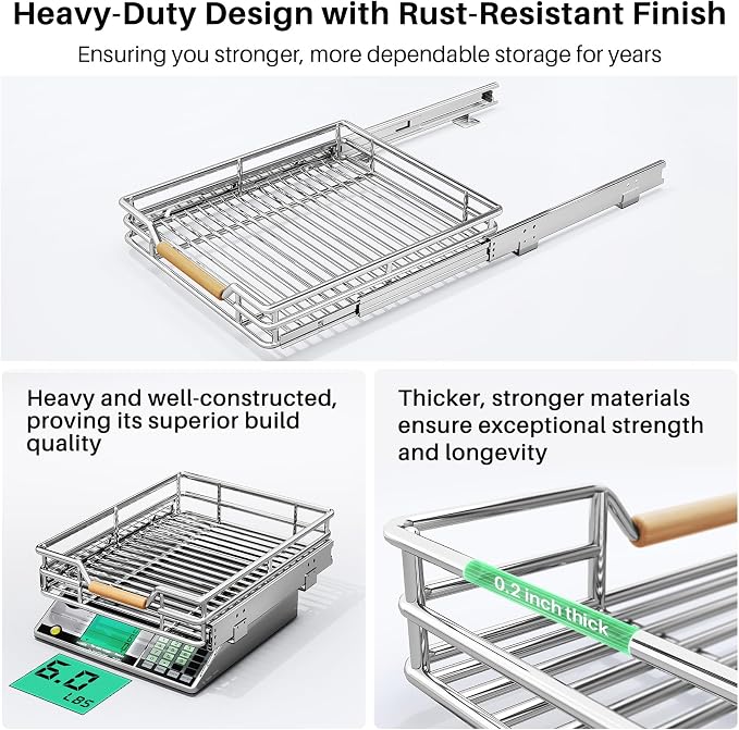 Pull out Cabinet Organizer, 12"W X 21"D, Heavy Duty Smooth Sliding Under Cabinet Shelves for Pots and Pans, Full-Extension Roll out Drawers, Slide out Organization for Home Kitchen Pantry - Image 6