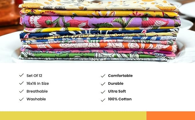 Mango Gifts 24-Piece Hand Block Print Cotton Cloth Napkins, 16 x 16 Inch, 100% Cotton Reusable Dinner Napkins, Assorted Floral Prints, Washable Table Napkins for Kitchen, Dining & Parties - Image 4