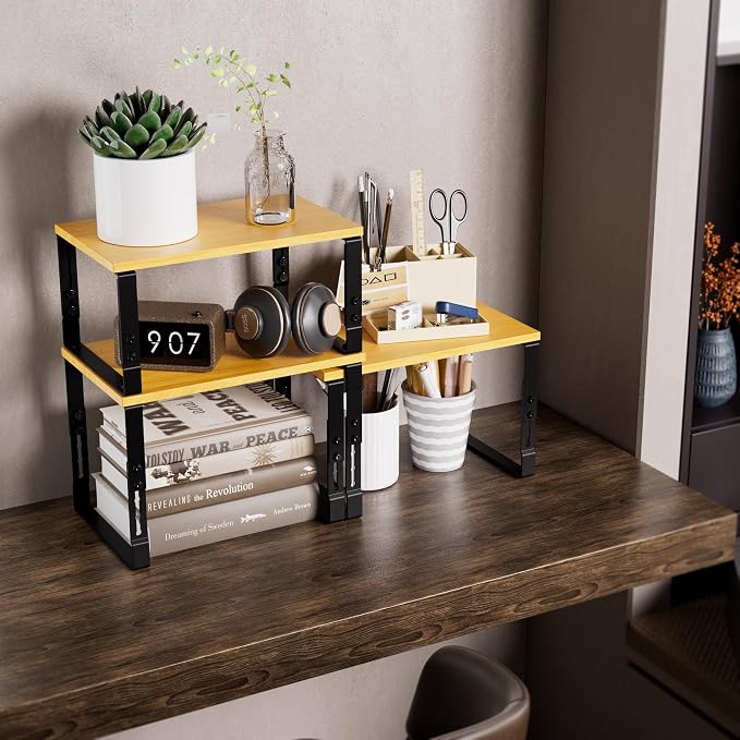 Adjustable Storage Shelves for Kitchen Cabinet Organization - Set of 2 Stackable Metal & Solid Wood Racks, Space-Saving Design for Countertop/Pantry/Garage, Easy Assembly(2 Packs/Medium/Black) - Image 5
