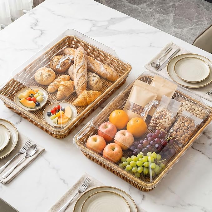 2 Set Wicker Bread Basket for Serving with Acrylic Lid Cover Imitation Rattan Bread Basket Woven for Fruit Summer Picnic BBQ Pool Party Outdoor Housewarming Gift(17.72" X 13.78") - Image 5