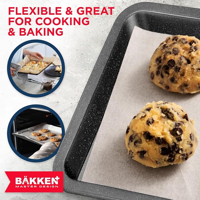 BAKKEN Kitchen Baking Pans - Nonstick Gray Coating, 13.18’’ × 8.66’’ Commercial Grade Carbon Steel Cookie Sheet, Baking Kitchen Essentials, PFOA, PFOS, PTFE Free, Oven Safe Tray (450° F), Gray Marble - Image 5