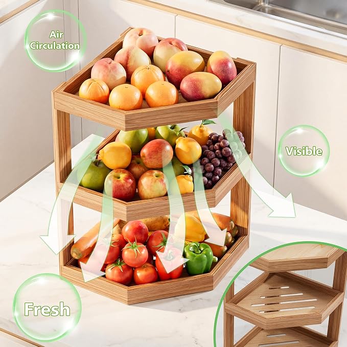 3 Tier Wooden Corner Fruit Basket Vegetable Storage Holder | Kitchen Organizer, Potato Stand, Onion Rack, For Counter & Countertop, Anti-Slip Base, Space-Saving, Long-Lasting - Image 4