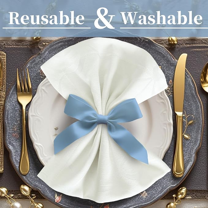 White Cloth Napkins Pack of 12, 18"x18" - Cotton & Polyester, Wrinkle/Fade Resistant, Washable & Reusable - Wedding Napkins for Reception, Jacquard Napkin for Banquet & Engagement Party, Bows Design - Image 2