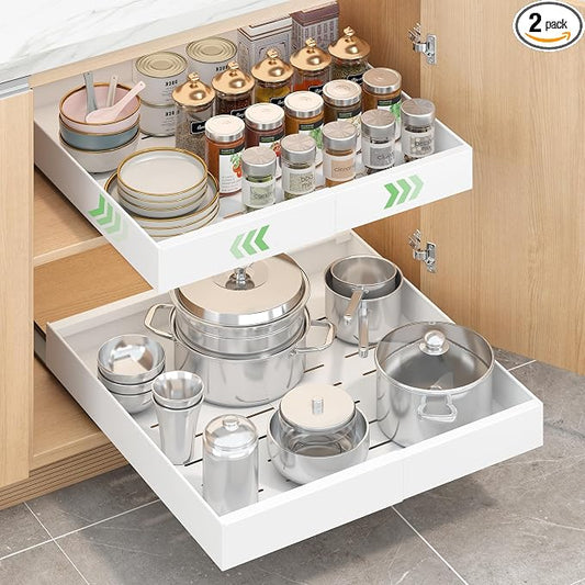Expandable Pull-Out Cabinet Organizer - White, 21" D x Adjustable Width 12.6-20.47", No Drill Adhesive Installation with 3-Slide Rails for Kitchen Storage (2 Pack) by GREATLUHENGPING