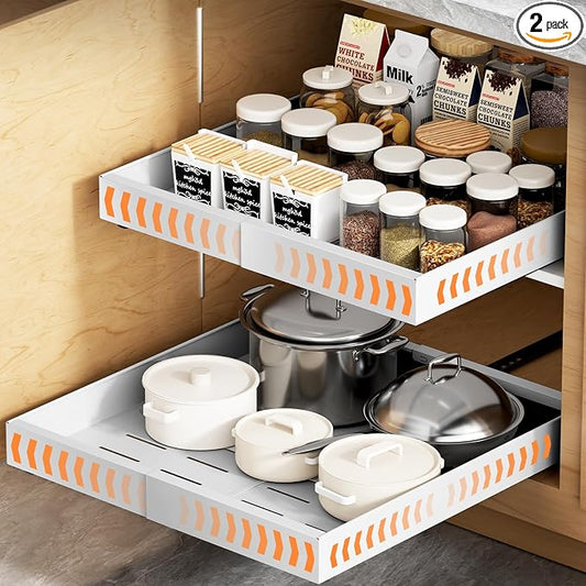 YJHome 2 Pack Pull Out Cabinet Organizer, No Drill Expandable Width 12"-20" & 21" Depth, Adhesive or Screw-In Installation, Magnetic Divider for Custom Storage, for Kitchen Pantry Bathroom Cabinet by YJHome