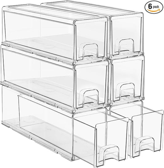 Sorbus Small Clear Stackable Storage Drawers – 6 -Pack Plastic Organizer Bins with Handles – Stackable Pull-Out Storage Drawers for Closet, Pantry, Office, Bathroom, Craft, and Toy Organization by Sorbus