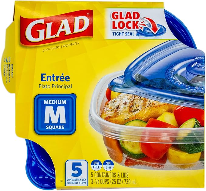Glad GladWare Entree Food Storage Containers, Medium Square, 25 Oz, 5 Count | Lock-tight seal for meal prep and lunches; microwave and dishwasher safe - Image 3