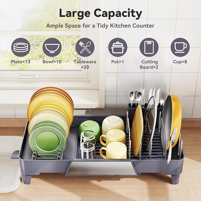Urackify Large Dish Drying Rack, Expandable Dish Drainer, Gray | Extendable 16.3" to 23.6" L, with Drainboard & Utensil Holder, Anti-Rust, Fits Any Sink, High capacity, Easy to Install - Image 6