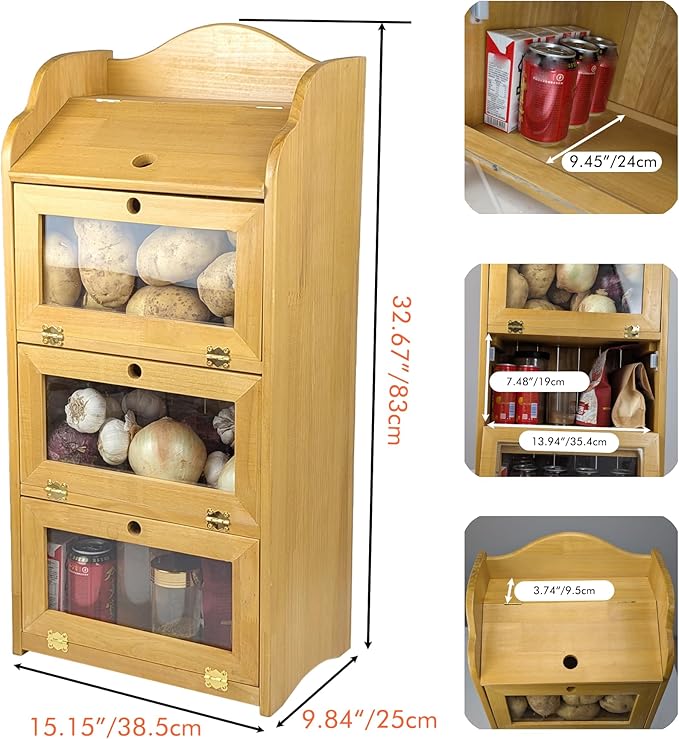 ARTAWEIN Onion and Potato Storage Bin Box Farmhouse Fruit and Vegetable Storage Small Food Kitchen Pantry Cabinet for Snack Large Bread Box for Homemade Bread Black Potato Bins - Image 2