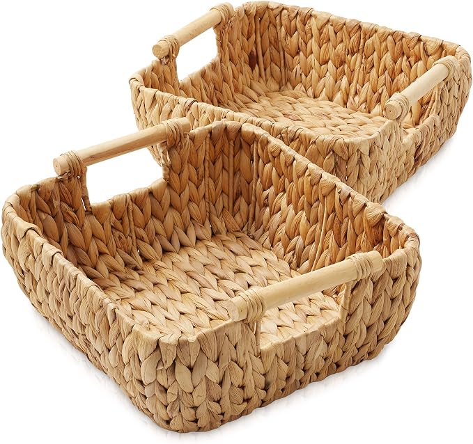 Casafield Set of 2 Water Hyacinth Oval Storage Baskets with Wooden Handles - Small, Woven Bin Organizers - Image 2