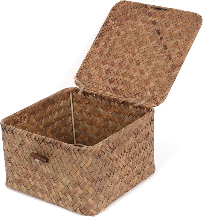 Moosky Wicker Shelf Baskets with Lid, Handwoven Seagrass Storage Basket Bins Square Gift Boxes for Shelves Home Decor Organizer (Coffee, X-Small) by Moosky