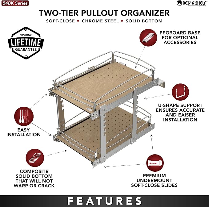 Rev-A-Shelf 2 Tier Pull Out Kitchen Cabinet Storage Organizer with Solid Bottom & Undermount Soft-Close Full Extension Slides, 54BK-18SC-2-1 - Image 4
