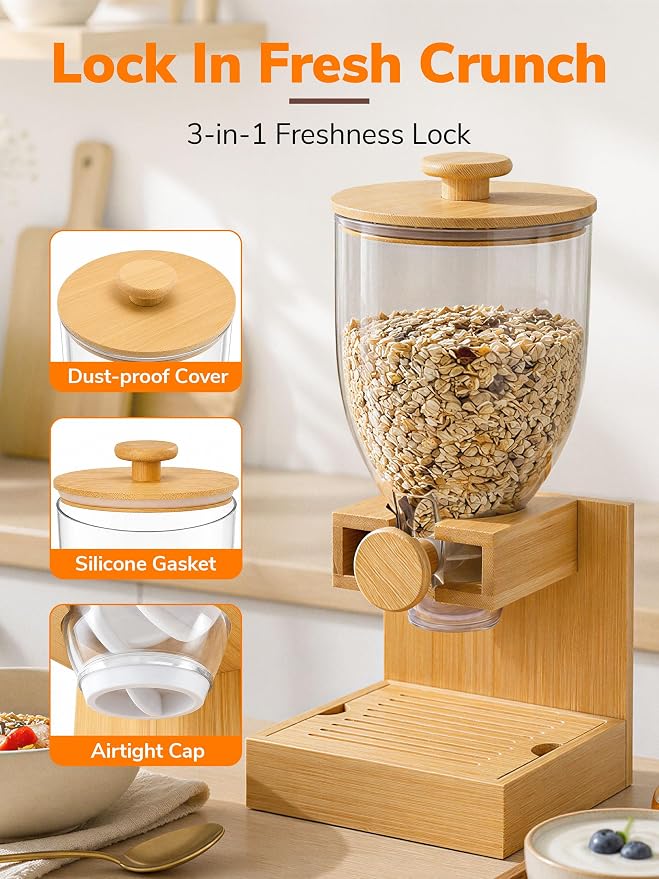 3.5L Large Capacity Cereal Dispenser Countertop, Bamboo Cereal Containers | Airtight, Natural Bamboo Base & Lid, Single Pack Dry Food Dispenser for Cereal, Grains, Nuts, Kitchen & Pantry - Image 3