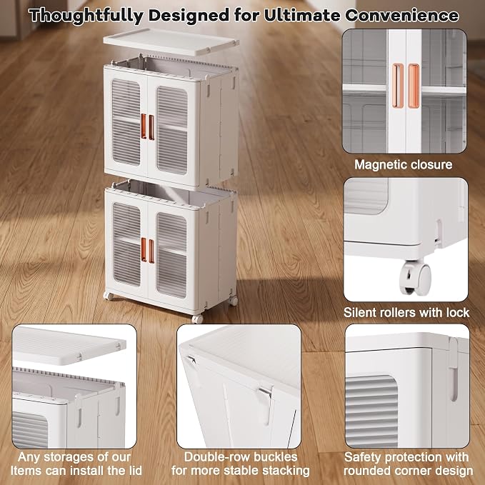 3-Tier Tall Narrow Plastic Storage Cabinet, Foldable | Rolling Organizer with Lid,Doors,Stackable, Adjustable Shelves, Durable PP,Freestanding Bathroom Cabinet for Small Slim Space - Image 4