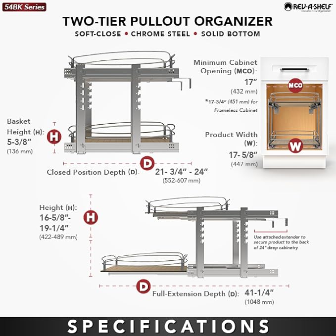 Rev-A-Shelf 2 Tier Pull Out Kitchen Cabinet Storage Organizer with Solid Bottom & Undermount Soft-Close Full Extension Slides, 54BK-18SC-2-1 - Image 5