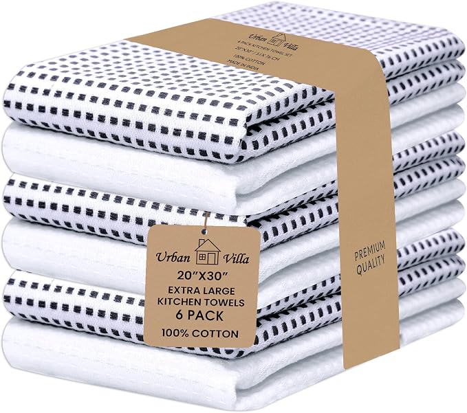 Urban Villa Christmas Dot Check Kitchen Towels Set of 6 20X30 Inches 100% Cotton Highly Absorbent Kitchen Towels Premium Quality Ultra Soft Mitered Corners Towels Black/White by CottonTrends