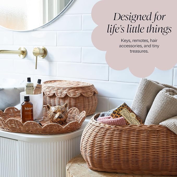 BEBE BASK The Original Scalloped Basket with Lid - Set of 2 (15x11x6 In) | Handwoven & Award Winner, Sustainable Rattan, Wicker Basket With Scalloped Edge Lid, Nursery Storage, Scallop Basket, Mocca - Image 6