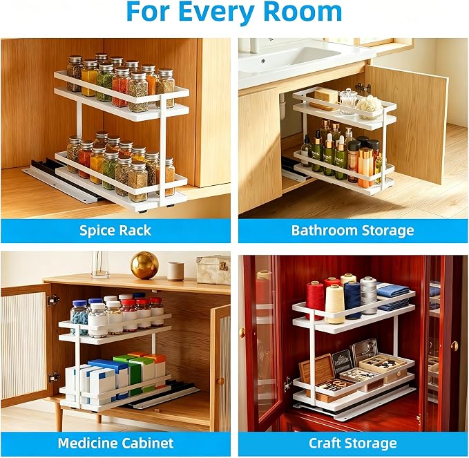 Pull Out Spice Rack 2-Tier Metal & Wood Seasoning Organizer White | No-Drill Install | Full-Extension Silent Glide | Each Tier Holds 10–12 Standard Spice Bottles | Rustproof, Wipe-Clean Surface - Image 2