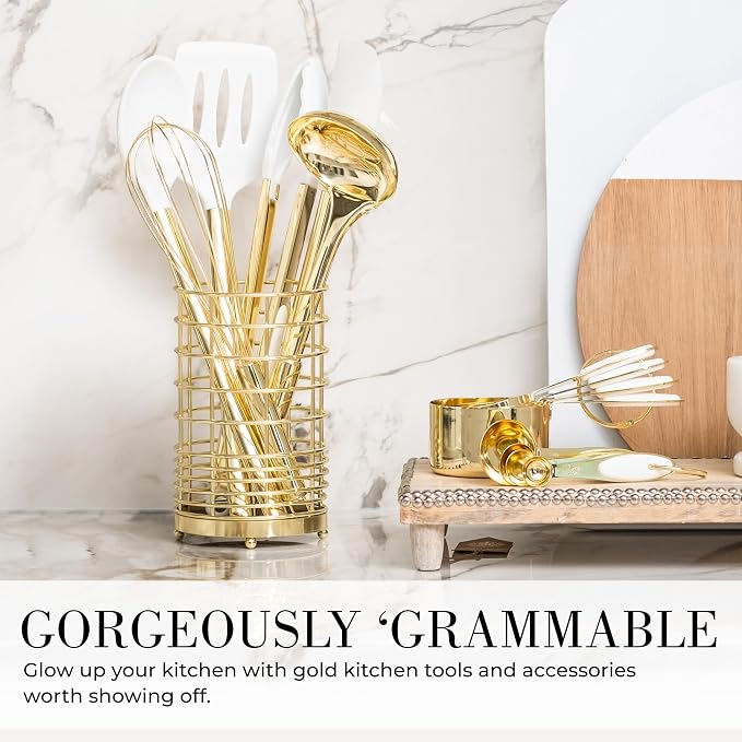 Styled Settings White and Gold Kitchen Utensils, 7-Piece | Nonstick Silicone Cooking Utensils Set with Gold Utensil Holder, White and Gold Kitchen Accessories for Modern Kitchens - Image 2