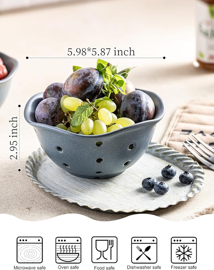 Gomakren Ceramic Berry Basket Set of 2, Elegant Fruit Bowl with Holes for Kitchen Counter, 6 Inch, Berries, Strawberry, Grape, Cherry, Floral Shape, Slate Blue, Dishwasher Safe - Image 2