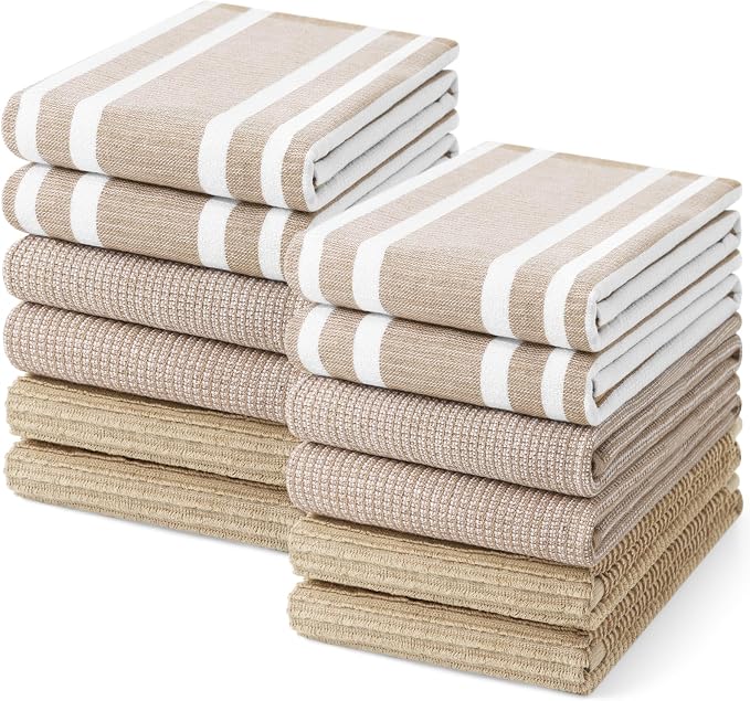 Homaxy Cotton 380 GSM Premium Kitchen Towels, 18"x 28", 12 Pack, Khaki | Soft and Absorbent Terry Dish Towels, Multipurpose Tea Towel Set with Hanging Loop, 3 Styles Kitchen Hand Towels by Homaxy