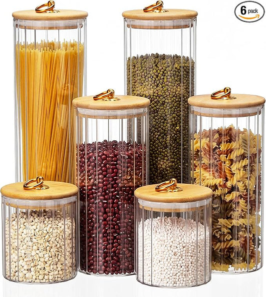 SiliFine 6 Set Glass Pantry Storage Jar with Acacia Airtight Lid 3 Size Glass Storage Container Jar for Pasta Spaghetti Cereal Coffee Bean Flour Sugar Rice, 17oz, 35oz, 53oz (Bamboo Lid with Ring) by SiliFine