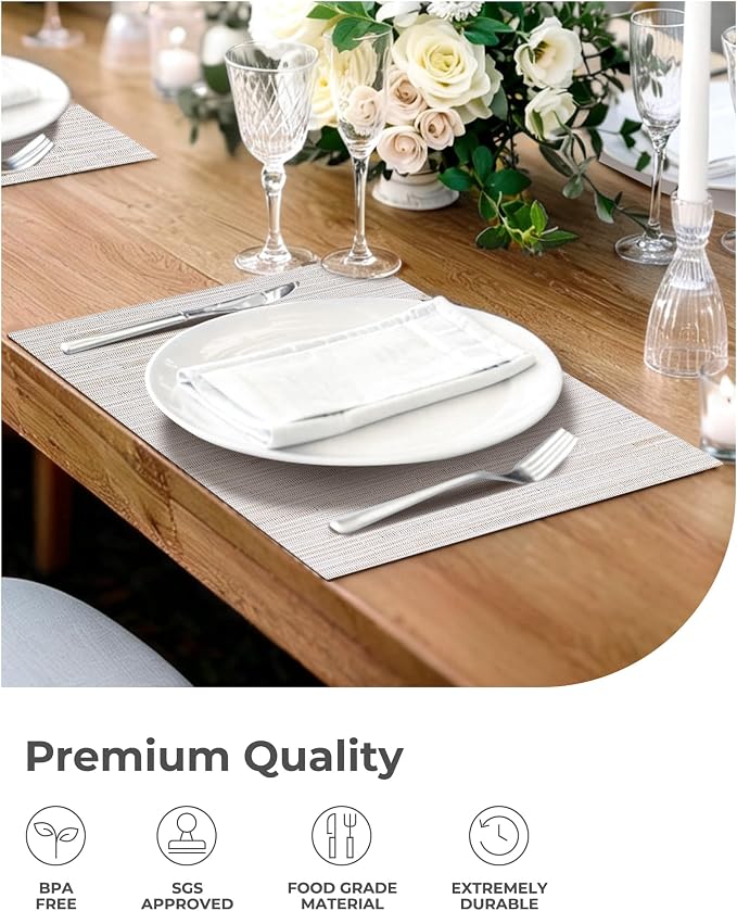 Leetaltree Pale Beige Placemats Set of 8 - Heat Resistant Non-Slip Place mats for Dining Table, Washable Durable PVC Vinyl Woven Table Mats（Pale Beige, 8） - Image 6