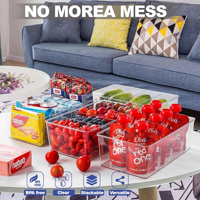 4PCS Food Storage Organizer Bins Clear Plastic Removable Snack Organizer Pantry Organization Storage Racks with Removable Divider,Perfect for Kitchen,Fridge,Cabinet,Bathroom Organization - Image 6