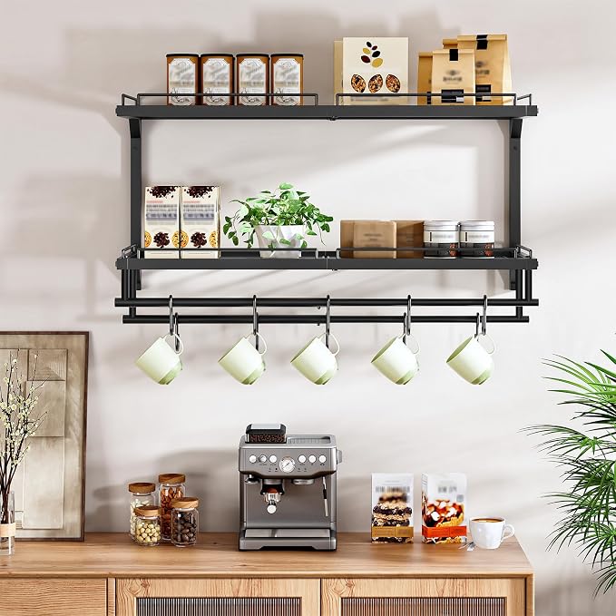 Pot Rack, Wall Mounted Pan Holder, 2-Tier Pot and Pan Organizer, Pot Hanger with 10 S-Shaped Hooks, Cookware Organizer with 5 Removable Metal Wire Dividers, Black TPR35BB - Image 4