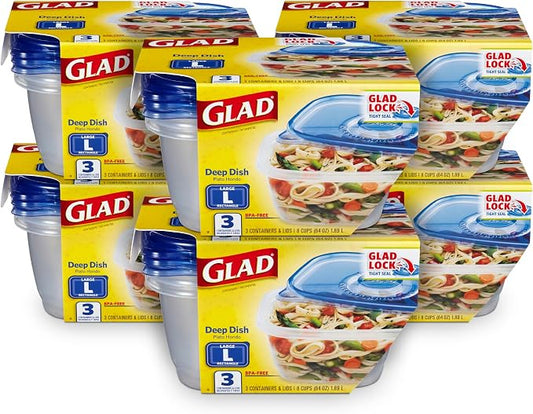 Glad GladWare Deep Dish Food Storage Containers, 64 Oz, 3 Count, 6-Pack | Lock-tight seal for soups, salads, and meal prep in a large rectangle format, microwave and dishwasher safe by GladTrashFoodStorage