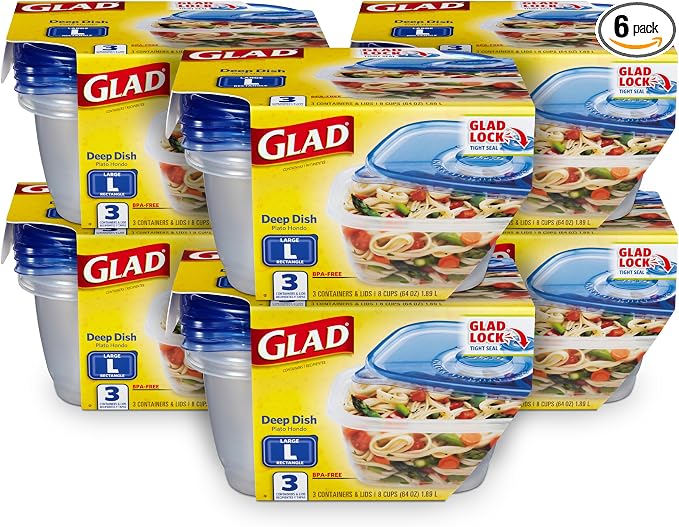 Glad GladWare Deep Dish Food Storage Containers, 64 Oz, 3 Count, 6-Pack | Lock-tight seal for soups, salads, and meal prep in a large rectangle format, microwave and dishwasher safe by GladTrashFoodStorage