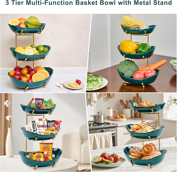 3 Tier Ceramic Fruit Bowl for Kitchen Counter | Tiered Fruit Basket for Countertop, Serving Tray for Food, Vegetable, Cake, Dessert in Party(Dark Green) - Image 7